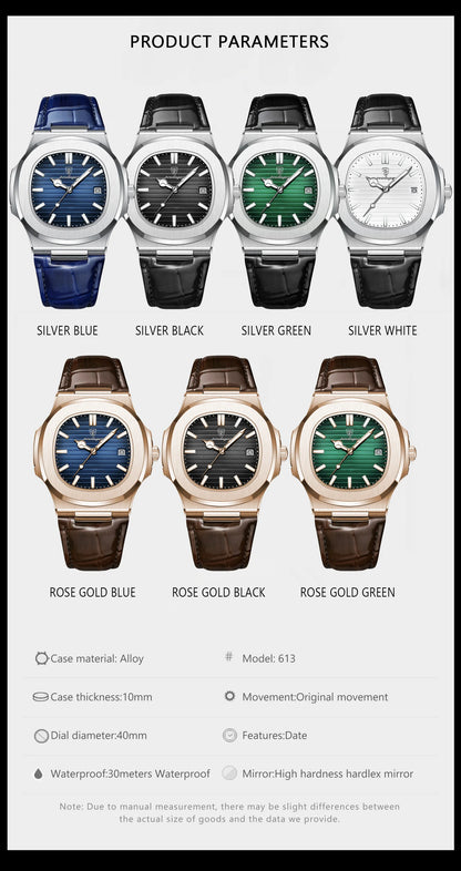 POEDAGAR Top Luxury Square Man Watch Date Waterproof Luminous Quartz Men Watches High Quality Fashion Sports Leather Men's Watch