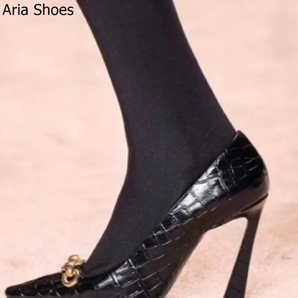 2025 New Summer Black High Heels Women's French Design Elegant 10Cm Stiletto Pumps Slip On Leather Pointed Toe Metal Buckle Shoe