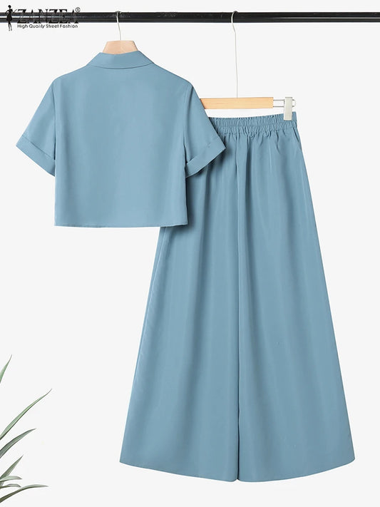 ZANZEA Plus Size 5XL Women Pant Sets Summer Two-piece Outfits Fashion Short Sleeve Shirts and High Waist Wide Leg Pants Suits