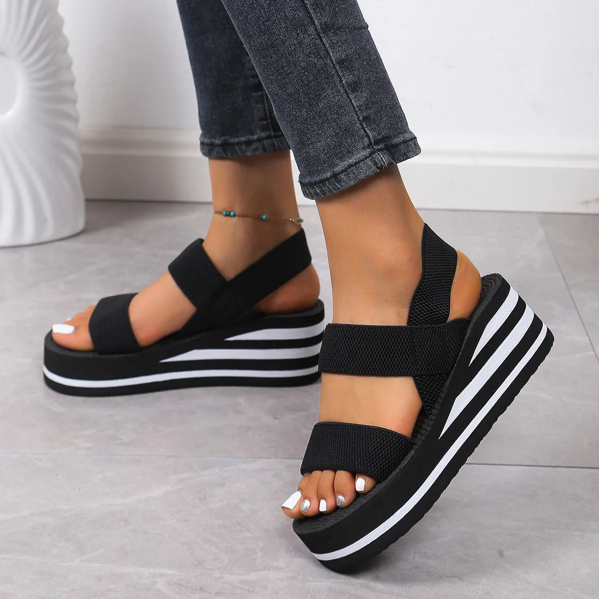 Women's Leisure Wedge Sandals Open Toe Thick Soled Platform Summer Casual Shoes Back Strap Light Weight Ladies Slingback Sandals