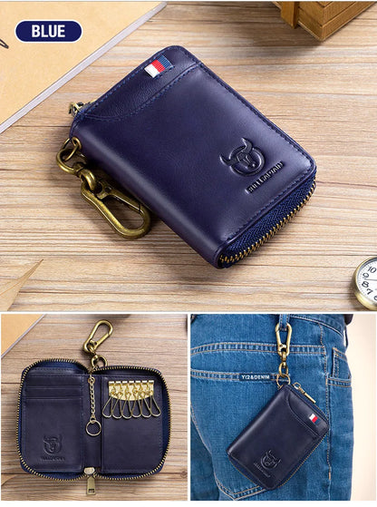BULLCAPTAIN Genuine Leather Men's Key Card Bag High-quality Multi-function Key Box Car Key Chain Wallet Mini Card Bag Key Clip
