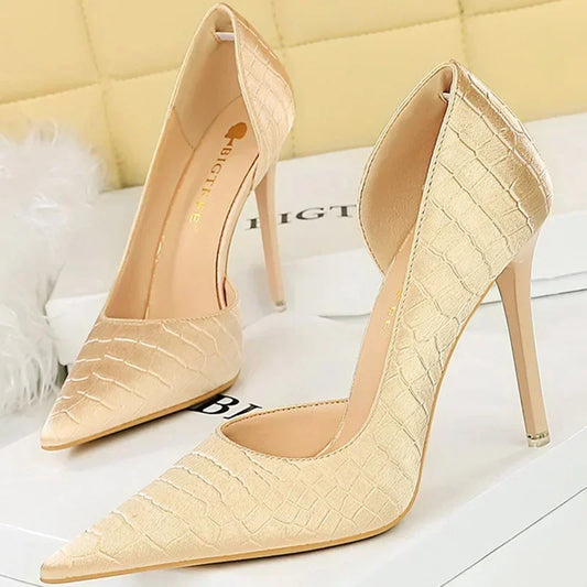 Women 11cm High Heels Retro Green Blue Fashion Catwalk Pumps Lady Silk Satin Heels Stone Pattern Design Shoes Plus Size 34-43