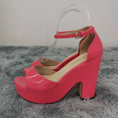 LOSLANDIFEN Women Sandals Summer Colourful Sexy Peep Toe Buckle Strap Sandal Platform Thick High Heels Party Red Wedding Shoes
