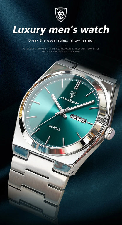 POEDAGAR Luxury Sport Quartz Man Wristwatch Waterproof Luminous Date Week Men Watches Stainless Steel Men's Watch Male Reloj+box