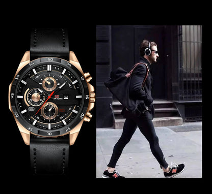 Black Leather Watch Top Brand Motorsport Series 46mm Large Military Style Quartz Movement Decorative Calendar Watch reloj hombre