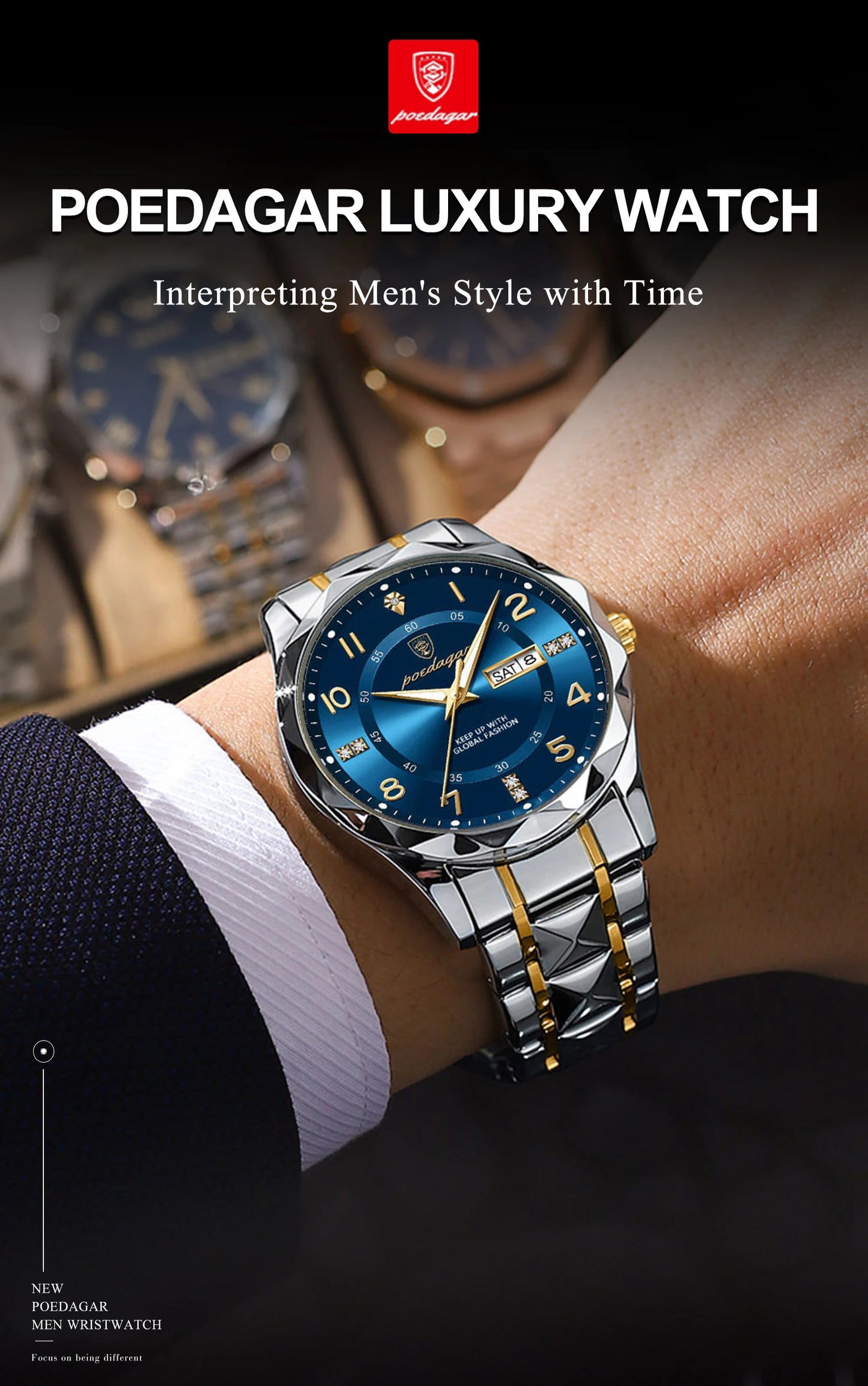 POEDAGAR Luxury Business Men's Wristwatch Stainless Steel Date Week Man Watch Waterproof Luminous Fashion Quartz Watches For Men