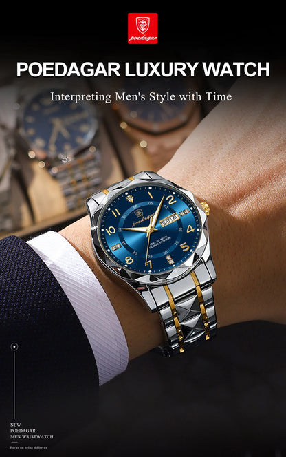 POEDAGAR Luxury Business Men's Wristwatch Stainless Steel Date Week Man Watch Waterproof Luminous Fashion Quartz Watches For Men