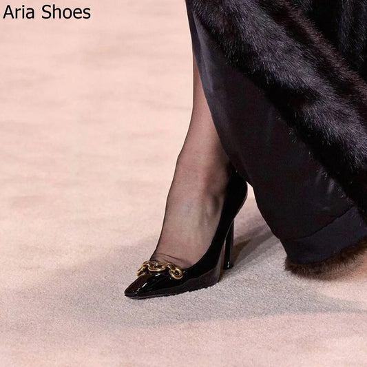 2025 New Summer Black High Heels Women's French Design Elegant 10Cm Stiletto Pumps Slip On Leather Pointed Toe Metal Buckle Shoe