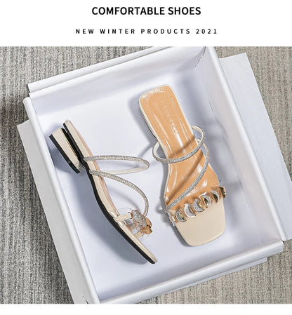 2023 summer new women's slippers outdoor sandals casual flat shoes Stylish metal design Korean style office wear Large size 43