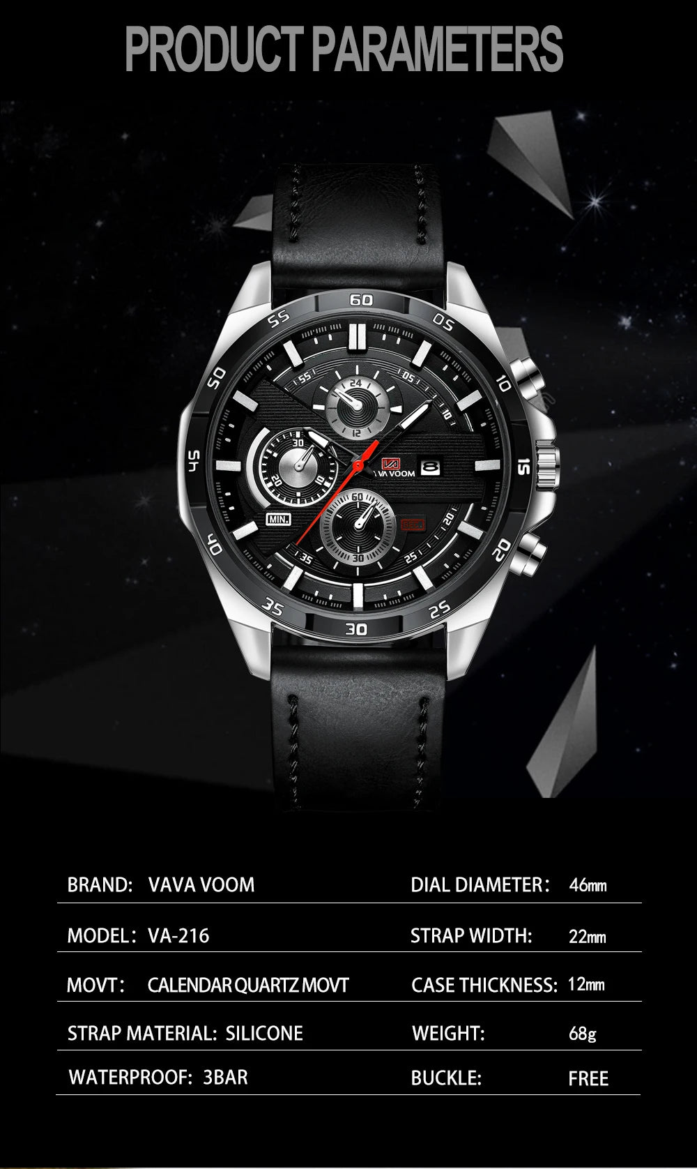 Black Leather Watch Top Brand Motorsport Series 46mm Large Military Style Quartz Movement Decorative Calendar Watch reloj hombre