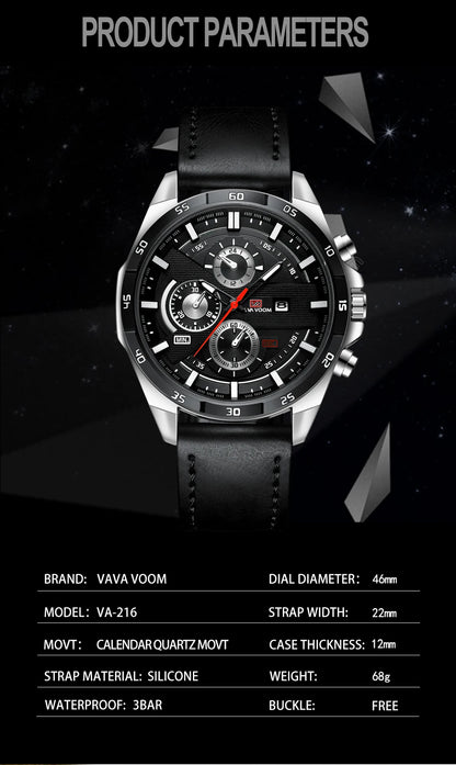 Black Leather Watch Top Brand Motorsport Series 46mm Large Military Style Quartz Movement Decorative Calendar Watch reloj hombre
