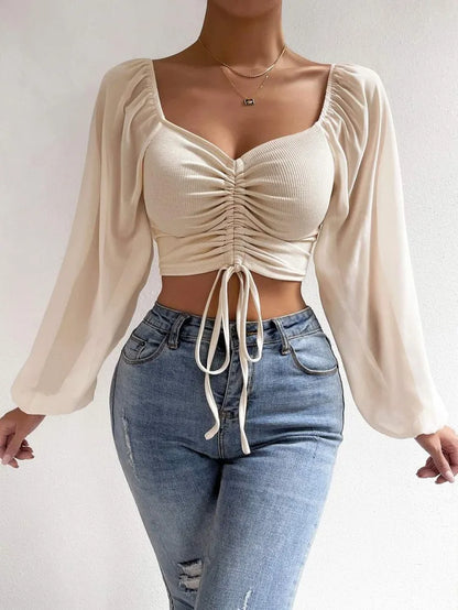 Ladies Summer Casual Drawstring Crop Tops Tee