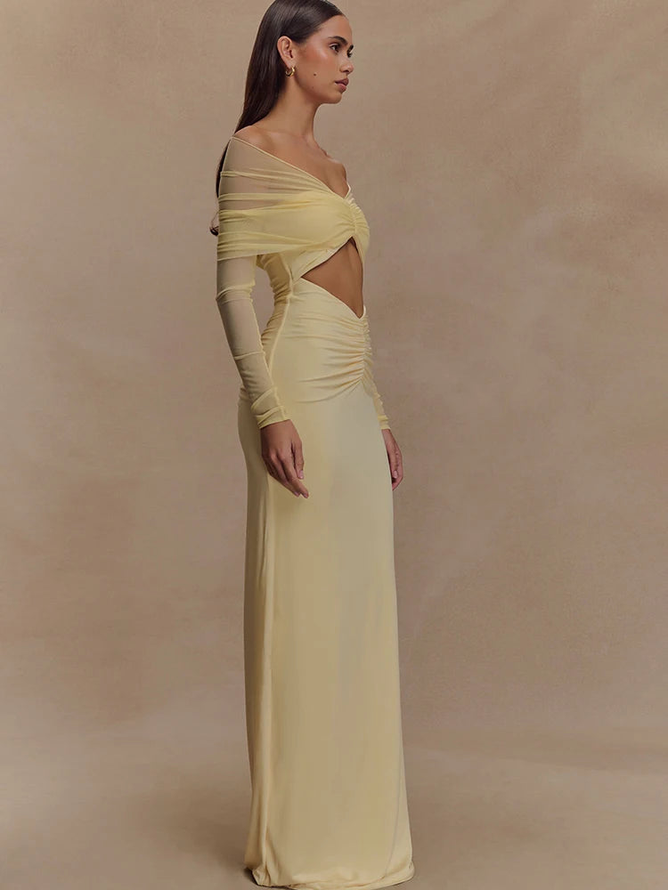 JULISSA MO Sexy Off Shoulder Hollow Out Women Maxi Dress Yellow Long Sleeve Ruched Dress Summer Slim Elegant Party Evening Dress
