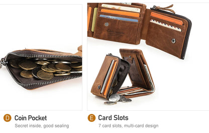 CONTACT'S Genuine Crazy Horse Leather Men Wallets Vintage Trifold Wallet Zip Coin Pocket Purse Cowhide Leather Wallet For Mens