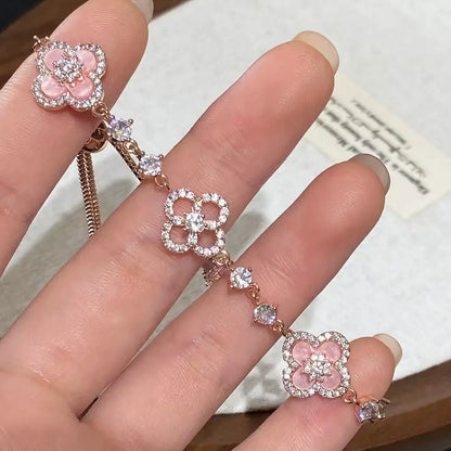 Qimeng Sweet Cherry" Vintage Pink Mother-of-Pearl Four-Leaf Clover Bracelet with Micro-Zirconia Inlay and Cutout Design
