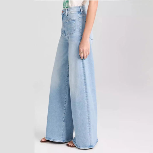 Women Wide Leg Flared Denim Pants Ladies Casual High Waisted Long Jeans