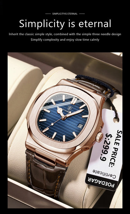 POEDAGAR Top Luxury Square Man Watch Date Waterproof Luminous Quartz Men Watches High Quality Fashion Sports Leather Men's Watch