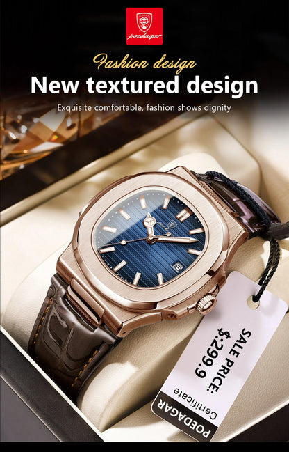 POEDAGAR Top Luxury Square Man Watch Date Waterproof Luminous Quartz Men Watches High Quality Fashion Sports Leather Men's Watch