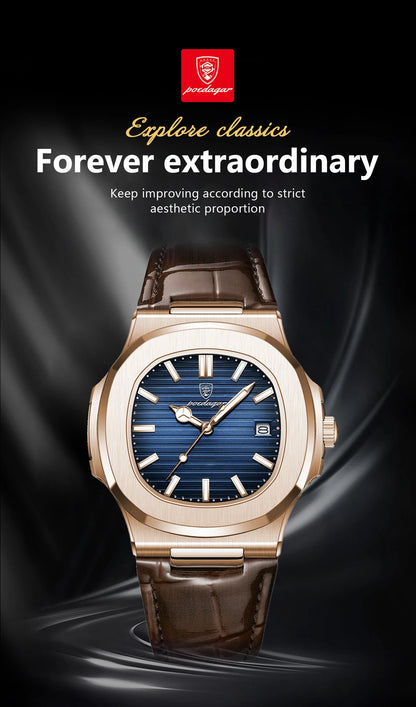 POEDAGAR Top Luxury Square Man Watch Date Waterproof Luminous Quartz Men Watches High Quality Fashion Sports Leather Men's Watch