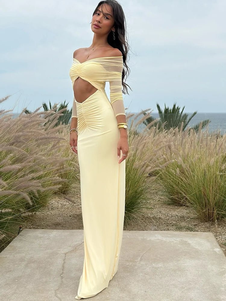 JULISSA MO Sexy Off Shoulder Hollow Out Women Maxi Dress Yellow Long Sleeve Ruched Dress Summer Slim Elegant Party Evening Dress