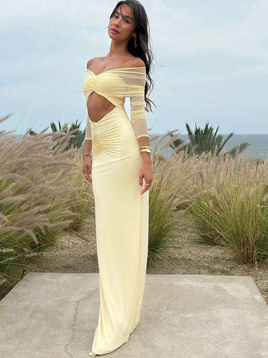 JULISSA MO Sexy Off Shoulder Hollow Out Women Maxi Dress Yellow Long Sleeve Ruched Dress Summer Slim Elegant Party Evening Dress