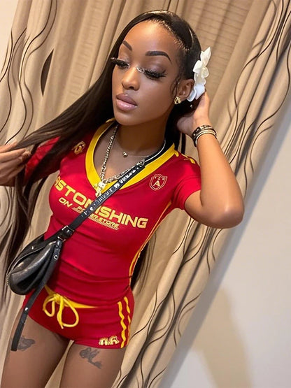 Sisterlinda Casual Summer 2 Piece Set Letter Print Crew Neck Short Sleeve T-shirts+Drawstring Slim Mini Bottoms Female Tracksuit