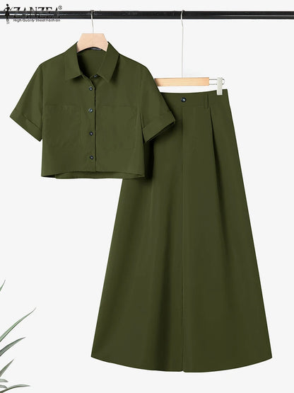 ZANZEA Plus Size 5XL Women Pant Sets Summer Two-piece Outfits Fashion Short Sleeve Shirts and High Waist Wide Leg Pants Suits