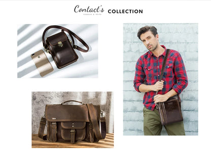 CONTACT'S Genuine Crazy Horse Leather Men Wallets Vintage Trifold Wallet Zip Coin Pocket Purse Cowhide Leather Wallet For Mens