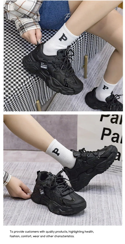 Women's Shoes Platform Autumn Leather 2023 New Versatile Black Casual Sneaker Solid Color Lace-up Vulcanize Shoes Tenis Feminino