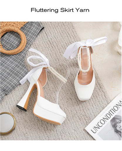 2025 Summer High Heels Womens Sandals Fashion Super High Heels Sandals Bow One Word Buckle Square Head Coarse Heels Ladies Shoes