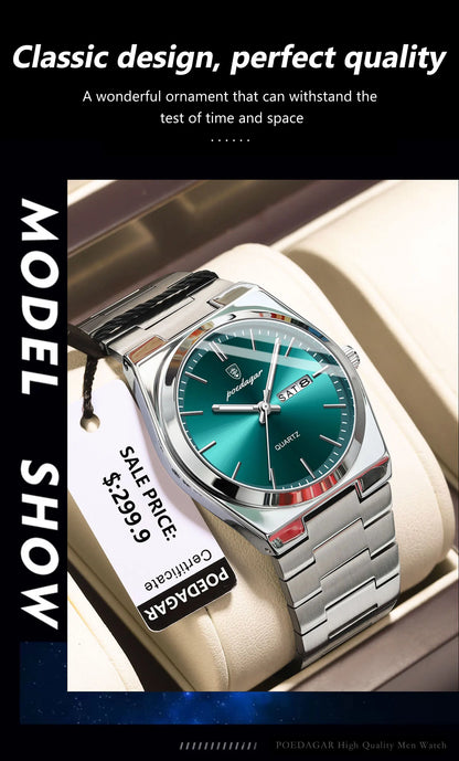 POEDAGAR Luxury Sport Quartz Man Wristwatch Waterproof Luminous Date Week Men Watches Stainless Steel Men's Watch Male Reloj+box