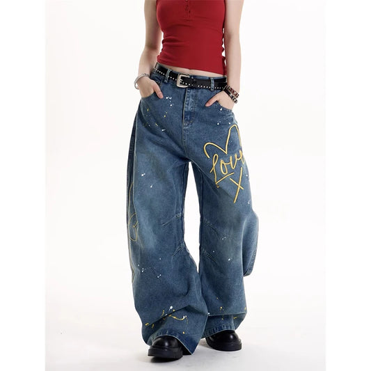 ZHIZOU Women Blue Baggy Y2k Jeans Harajuku Vintage Denim Trousers Japanese 2000s Style Oversize Jean Long Pants Trashy Clothes