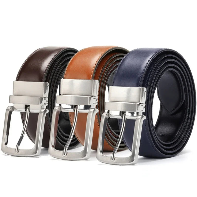 Real Genuine Leather Rotating Alloy Pin Buckle Belt for Men Unisex High Quality Cowskin Leather Cowboy Jeans Double-sided Belts