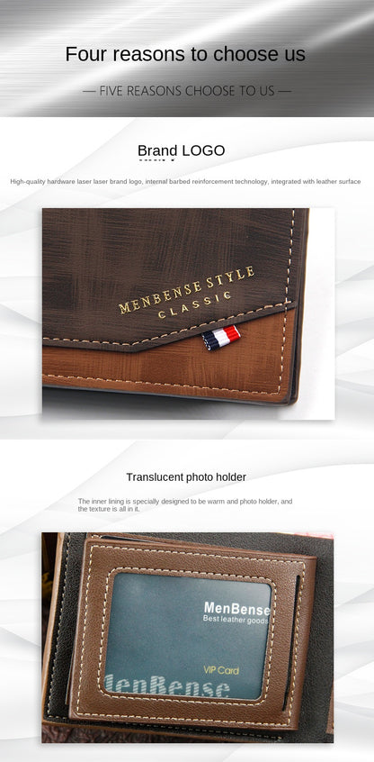 New Men's Wallet Short Cross Section Youth Tri-fold Wallet Stitching Business Multi-card Zipper Coin Purse Wallet Passport Cover