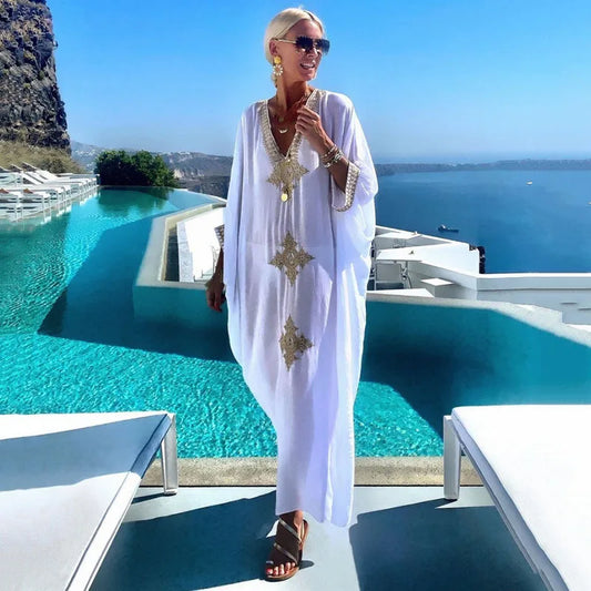 2024 Bikini Cover-ups White Retro Pull Over Women Summer Clothing Kimono Dress Beach Wear Swim Suit Cover Up Beach Dress Sarong