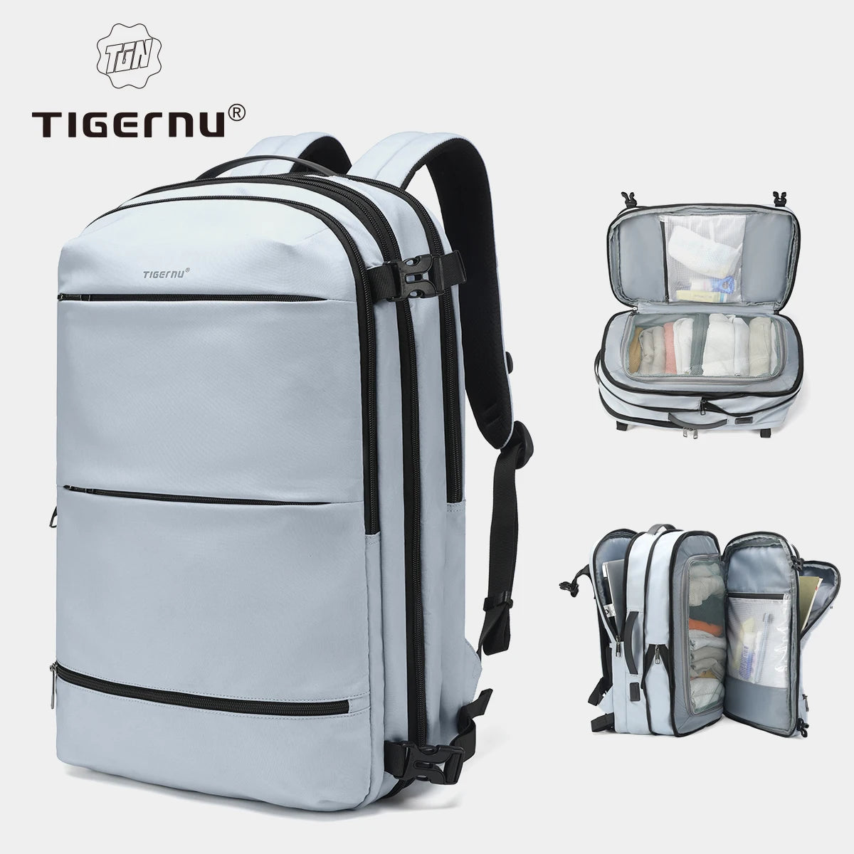 Tigernu Vacuum Compression Backpacks Men Travel Backpack Expandable USB Bag Large Capacity 17 Laptop Bags For Schoo Cabin Bags