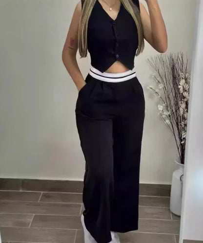 Women's Two Piece Elegant Commuting V-Neck Buttoned Vest Top and Contrast Paneled High Waist Pocket Design Wide Leg Pants Set