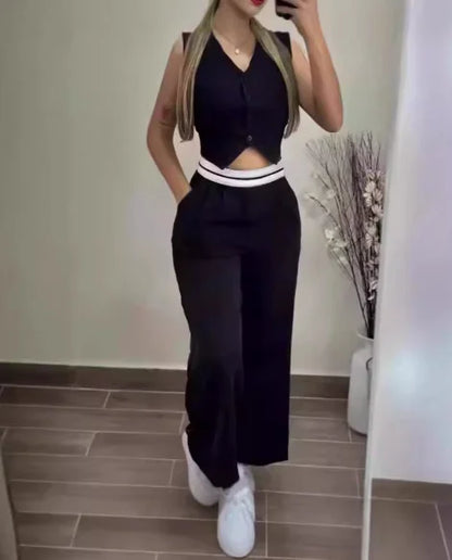 Women's Two Piece Elegant Commuting V-Neck Buttoned Vest Top and Contrast Paneled High Waist Pocket Design Wide Leg Pants Set