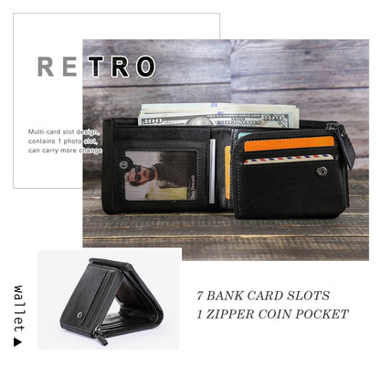 CONTACT'S Genuine Crazy Horse Leather Men Wallets Vintage Trifold Wallet Zip Coin Pocket Purse Cowhide Leather Wallet For Mens