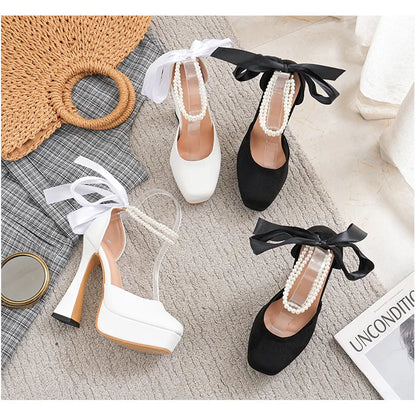 2025 Summer High Heels Womens Sandals Fashion Super High Heels Sandals Bow One Word Buckle Square Head Coarse Heels Ladies Shoes