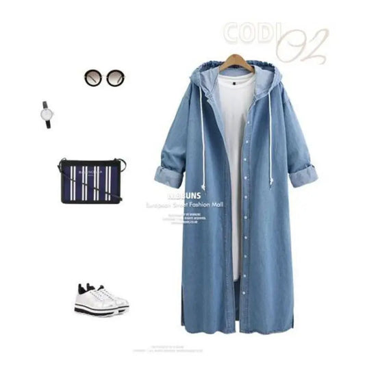 Women Denim Long Spring Autumn Hooded Casual Jacket