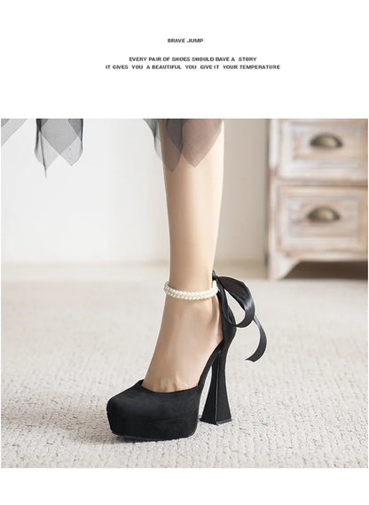 2025 Summer High Heels Womens Sandals Fashion Super High Heels Sandals Bow One Word Buckle Square Head Coarse Heels Ladies Shoes