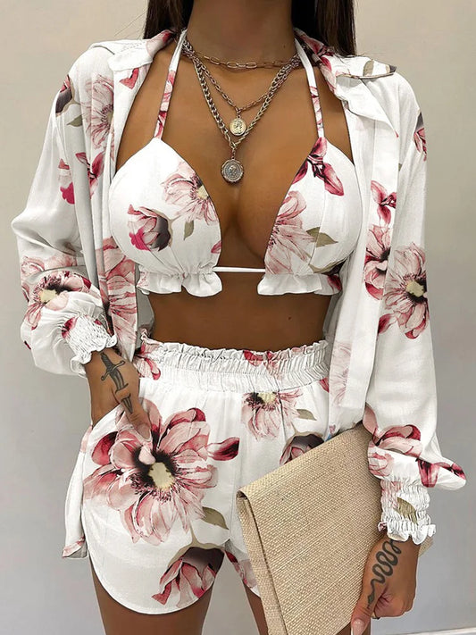 Three Pieces Swimwear Sexy Beachwear High Waist Bikini Set Print Women's Swimsuit