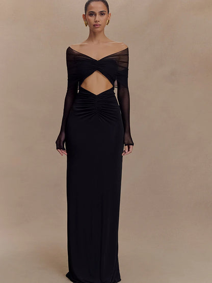 JULISSA MO Sexy Off Shoulder Hollow Out Women Maxi Dress Yellow Long Sleeve Ruched Dress Summer Slim Elegant Party Evening Dress