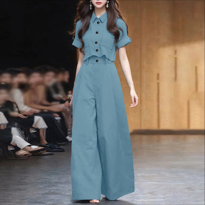 ZANZEA Plus Size 5XL Women Pant Sets Summer Two-piece Outfits Fashion Short Sleeve Shirts and High Waist Wide Leg Pants Suits