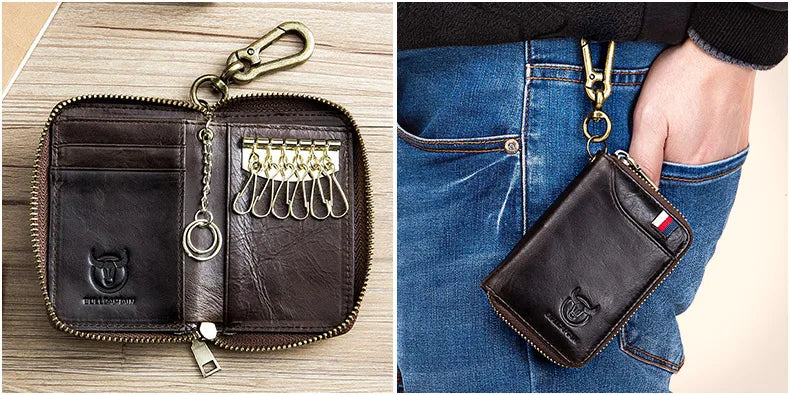 BULLCAPTAIN Genuine Leather Men's Key Card Bag High-quality Multi-function Key Box Car Key Chain Wallet Mini Card Bag Key Clip