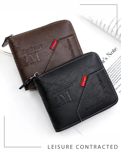 Men's Wallet Made of PU Wax Oil Skin Purse for Men Coin Purse Short Male Card Holder Wallets Zipper Around Money Coin Purse