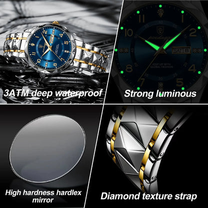 POEDAGAR Luxury Business Men's Wristwatch Stainless Steel Date Week Man Watch Waterproof Luminous Fashion Quartz Watches For Men