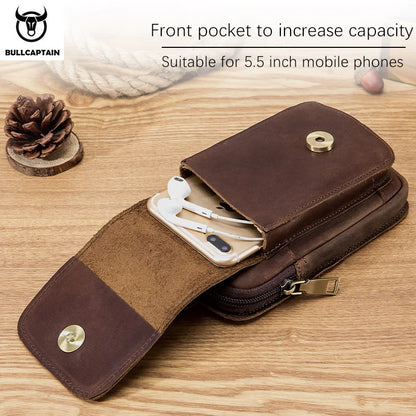 BULLCAPTAIN Fashion Quality Leather Small Summer Pouch Hook Design Waist Pack Bag Cigarette Case 6" Phone Pouch Waist Belt Bag
