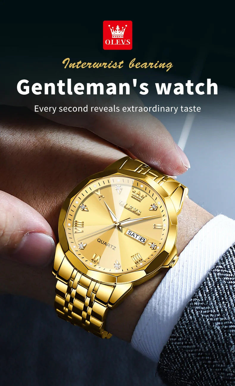 OLEVS New Watch for Men Original Quartz Waterproof Male Wristwatch Gold Stainless Steel Strap High-end Luxury Man Watch Clock